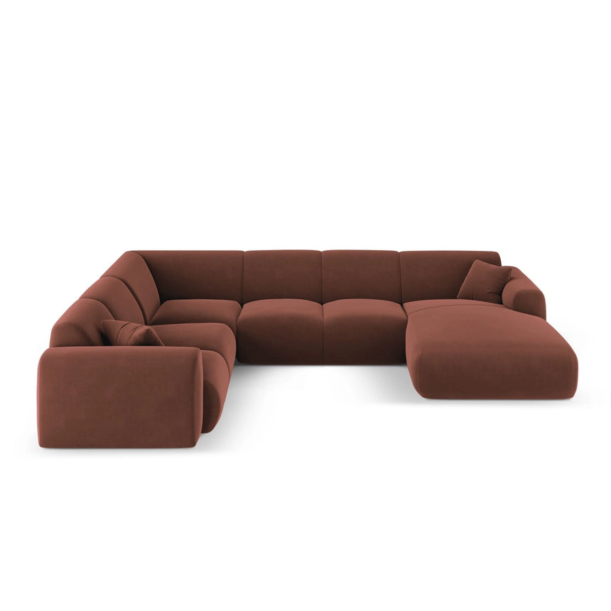 Nolio 6-Sitzer Panorama Ecksofa, Linke Seite, aus Samt in Cuoio (Casino Cuoio), Beine aus Schwarzes Plastik, 342x252x72 cm von Cosmopolitan Design – Bild 1