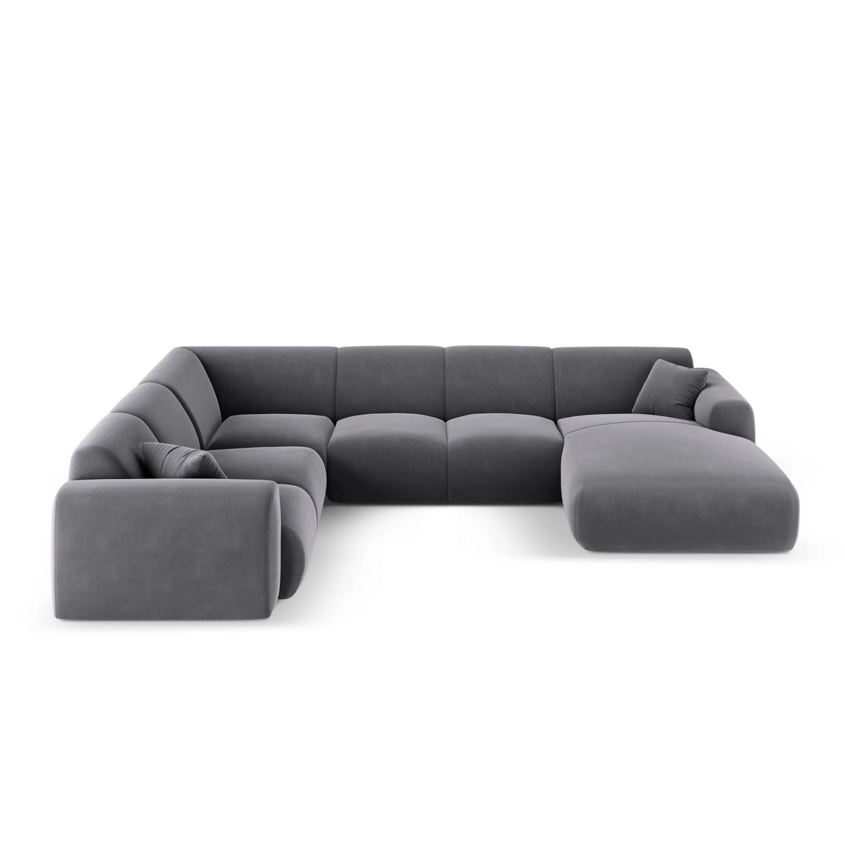Nolio 6-Sitzer Panorama Ecksofa, Linke Seite, aus Samt in Dunkelgrau (Casino Graphite), Beine aus Schwarzes Plastik, 342x252x72 cm von Cosmopolitan Design – Bild 1