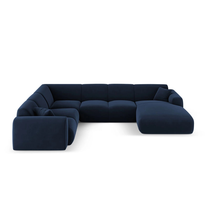 Nolio 6-Sitzer Panorama Ecksofa, Linke Seite, aus Samt in Königsblau (Casino Deep Blue), Beine aus Schwarzes Plastik, 342x252x72 cm von Cosmopolitan Design – Bild 1