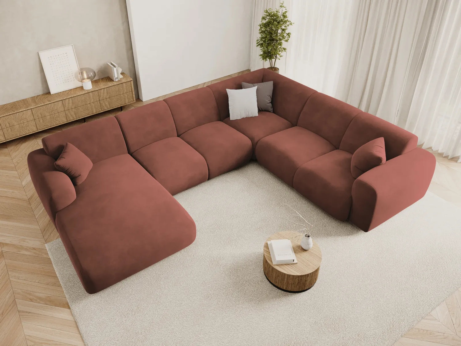 Nolio 6-Sitzer Panorama Ecksofa, Rechte Seite, aus Samt in Cuoio (Casino Cuoio), Beine aus Schwarzes Plastik, 342x252x72 cm von Cosmopolitan Design – Bild 2