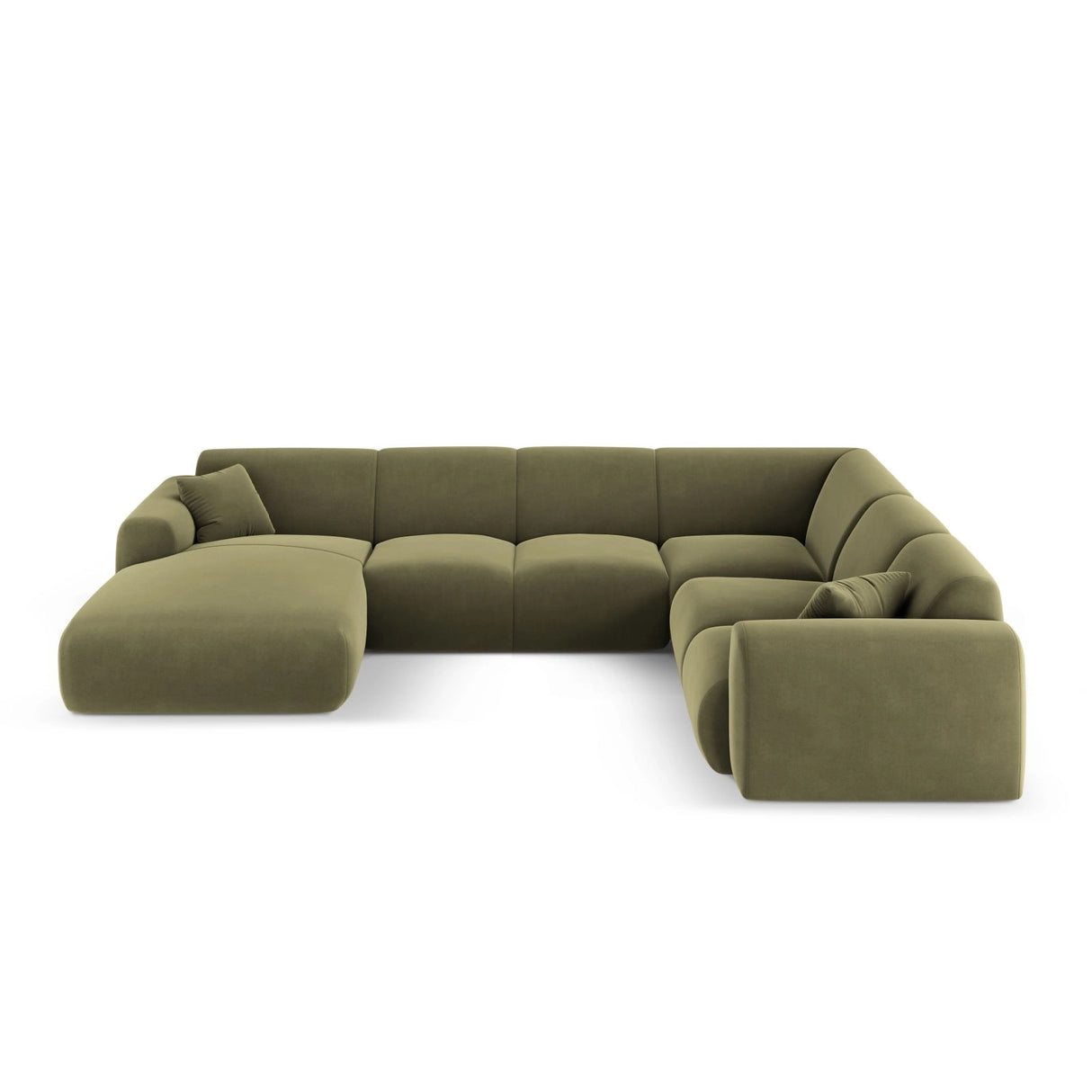 Nolio 6-Sitzer Panorama Ecksofa, Rechte Seite, aus Samt in Hellgrün (Casino Forest), Beine aus Schwarzes Plastik, 342x252x72 cm von Cosmopolitan Design – Bild 1