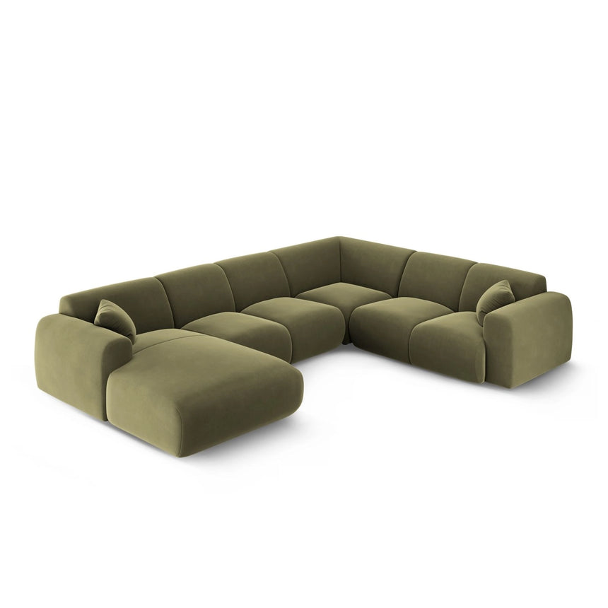Nolio 6-Sitzer Panorama Ecksofa, Rechte Seite, aus Samt in Hellgrün (Casino Forest), Beine aus Schwarzes Plastik, 342x252x72 cm von Cosmopolitan Design – Bild 3