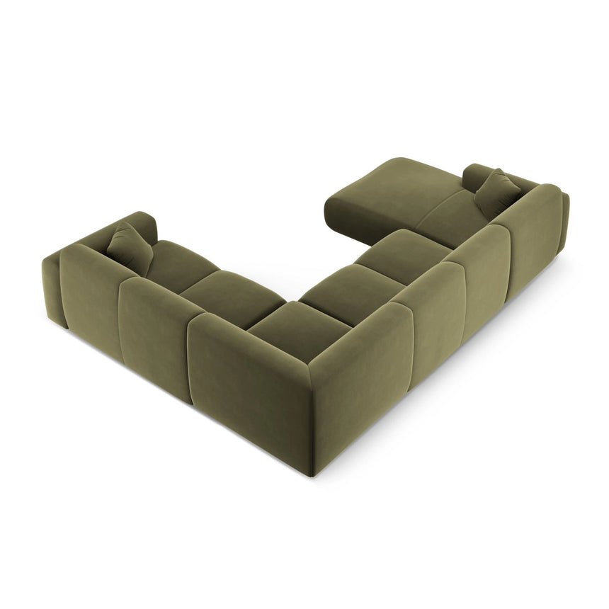 Nolio 6-Sitzer Panorama Ecksofa, Rechte Seite, aus Samt in Hellgrün (Casino Forest), Beine aus Schwarzes Plastik, 342x252x72 cm von Cosmopolitan Design – Bild 4