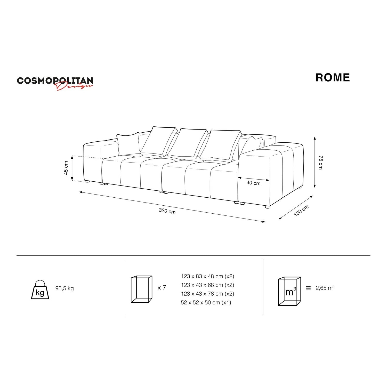Rome 3-Sitzer Sofa aus Samt in Schwarz (Salvador 19), 320x120x75 cm von Cosmopolitan Design – Bild 2