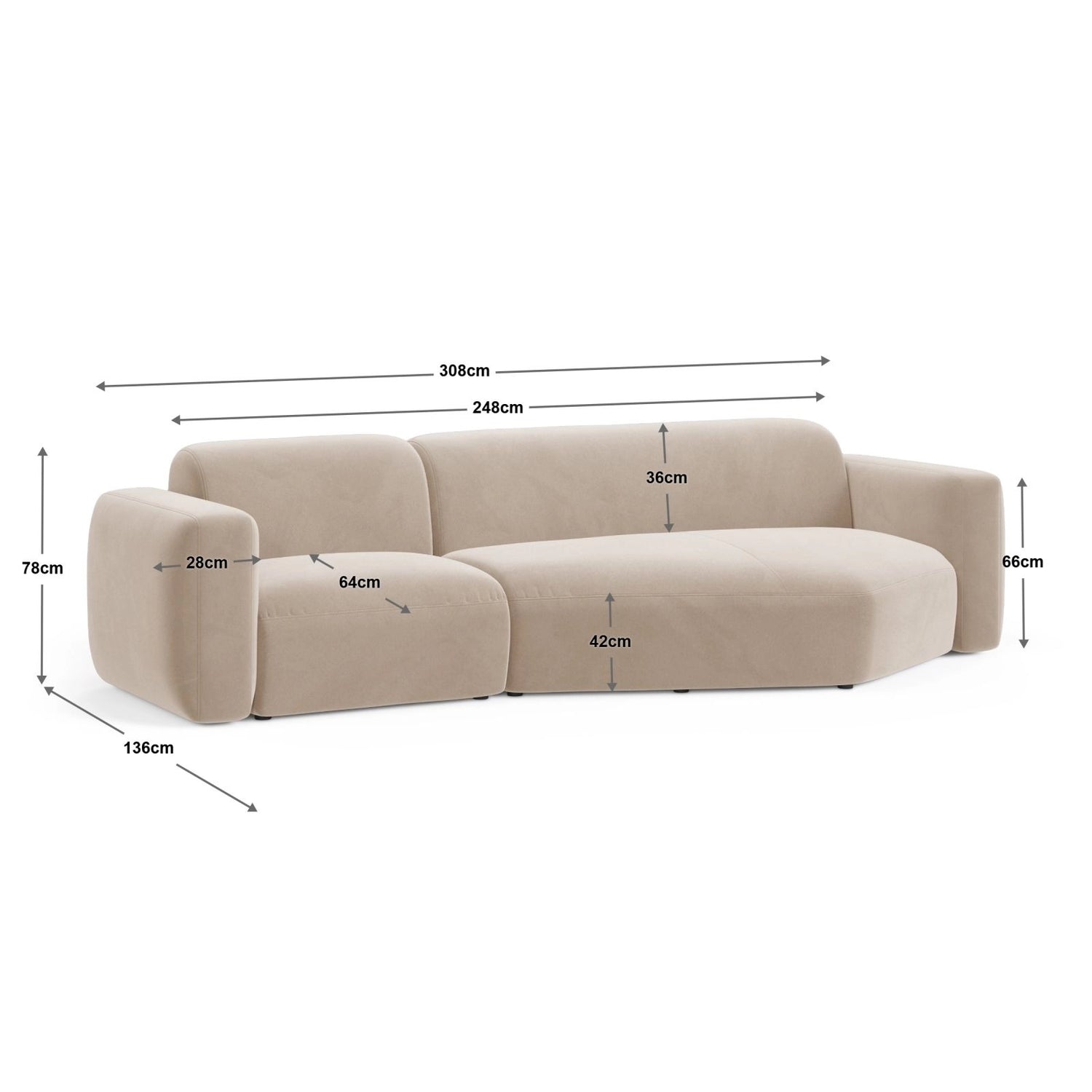 Strino 3-Sitzer Ecksofa, Rechte Seite, aus Samt oder Strukturstoff, 308x136x78 cm von Cosmopolitan Design – Bild 2