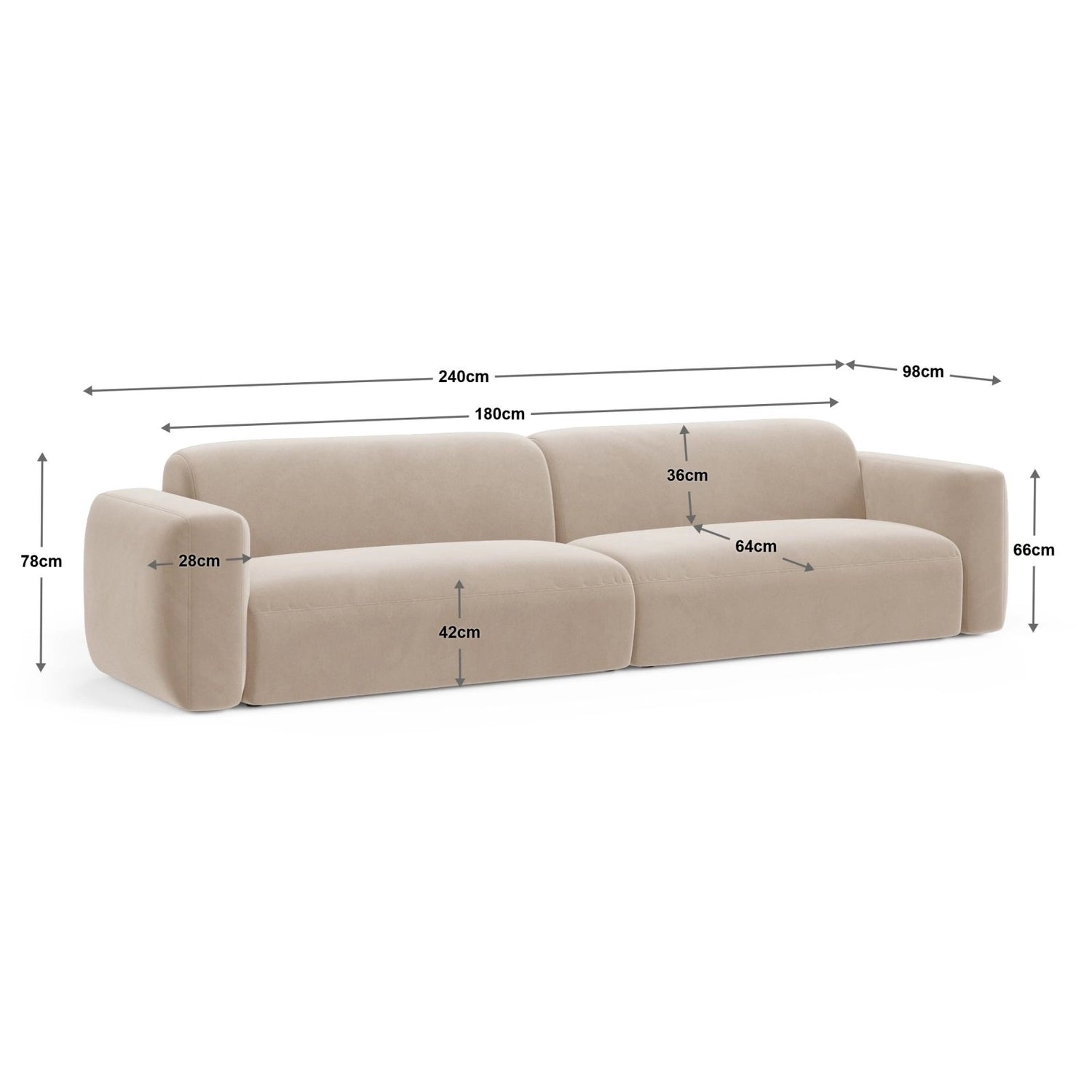 Strino 4-Sitzer Sofa aus Samt in Rosa (Salvador 11), 240x98x78 cm von Cosmopolitan Design – Bild 2