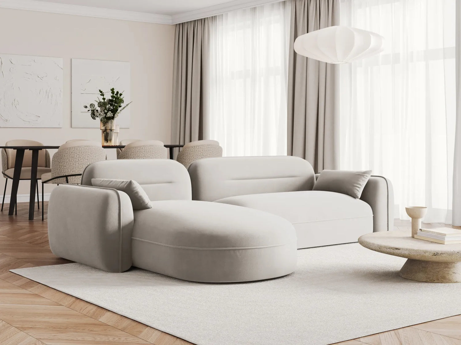Sydney 4-Sitzer Ecksofa, Linke Seite, aus Samt in Hellbeige (Casino Pearl), 275x165x70 cm von Cosmopolitan Design – Bild 2
