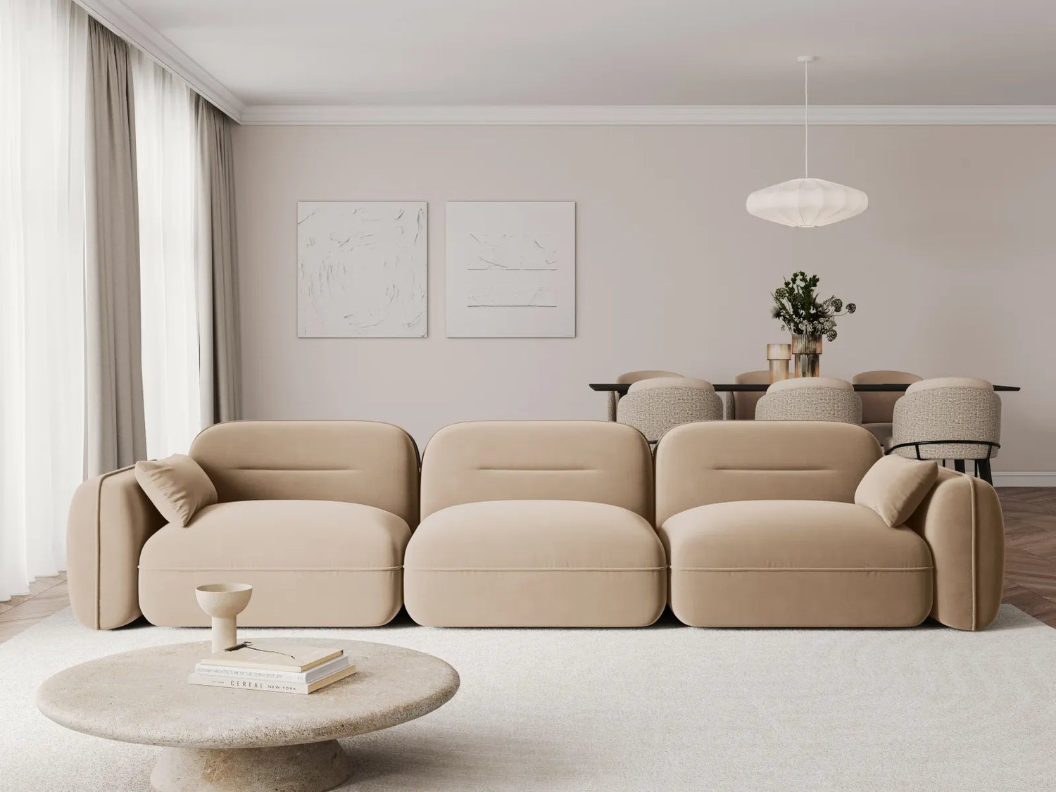 Sydney 4-Sitzer Sofa aus Samt in Sand (Casino Lion), 320x90x70 cm von Cosmopolitan Design – Bild 2