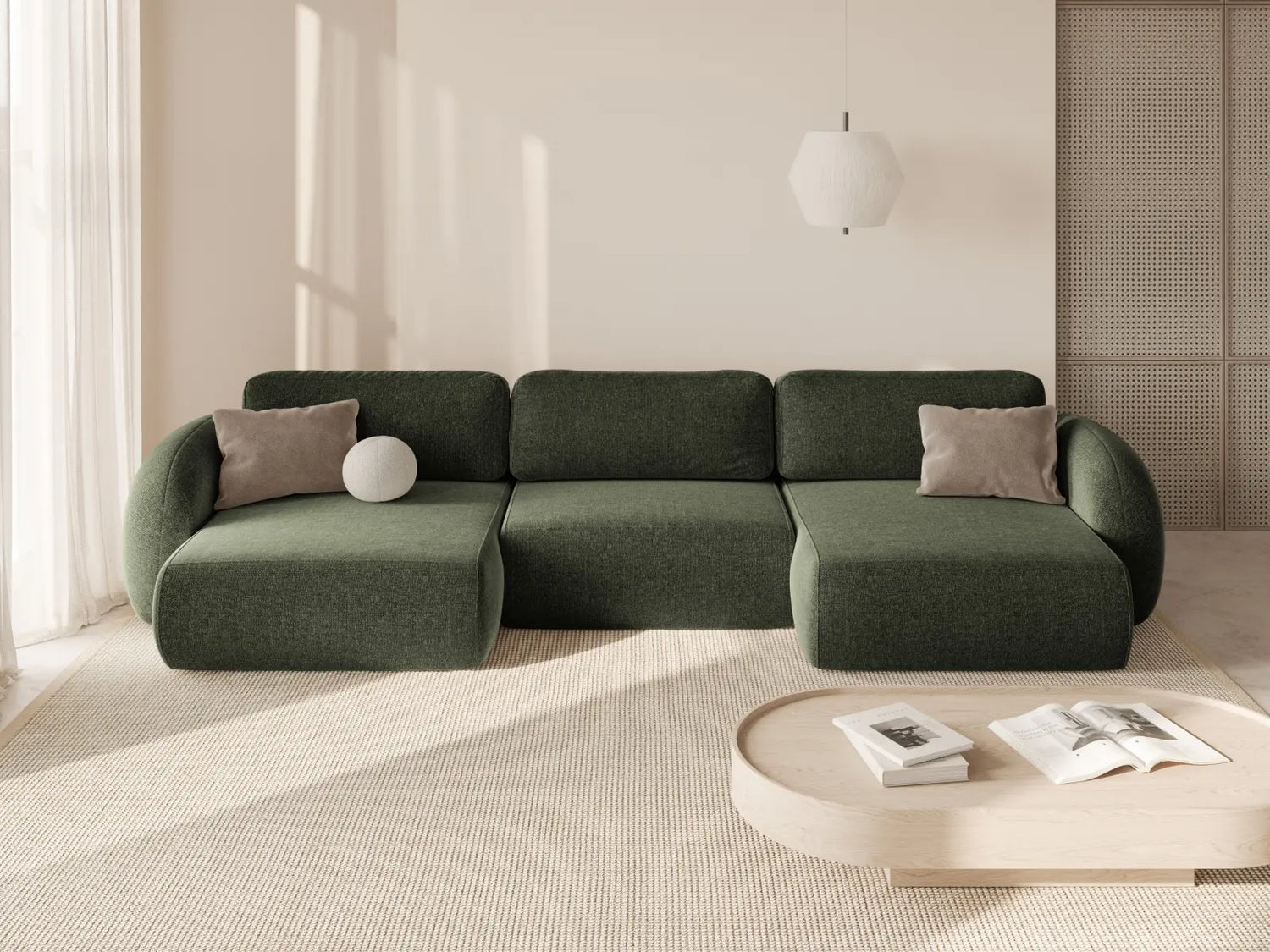 Tonale 5-Sitzer Panorama Sofa aus Chenille in Grün (Eden 12 Olive), Beine in Schwarzes Plastik, 362x149x88 cm von Cosmopolitan Design – Bild 2