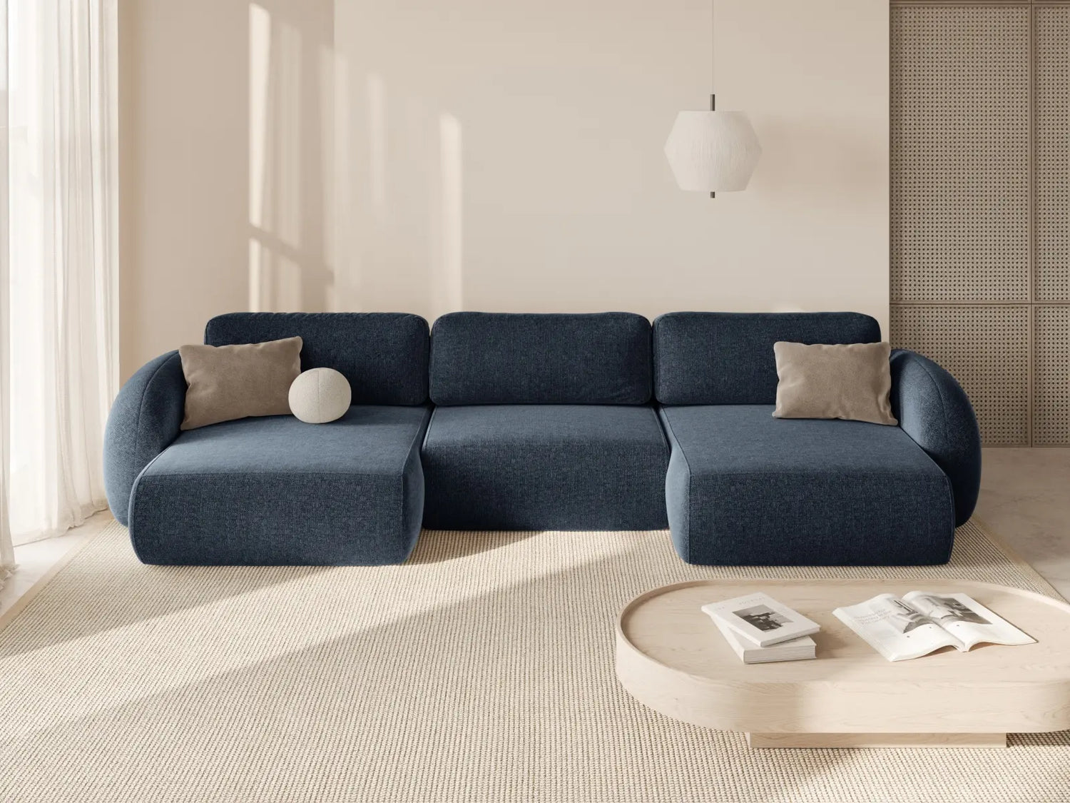 Tonale 5-Sitzer Panorama Sofa aus Chenille in Marineblau (Eden 16 Deep Blue), Beine in Schwarzes Plastik, 362x149x88 cm von Cosmopolitan Design – Bild 2