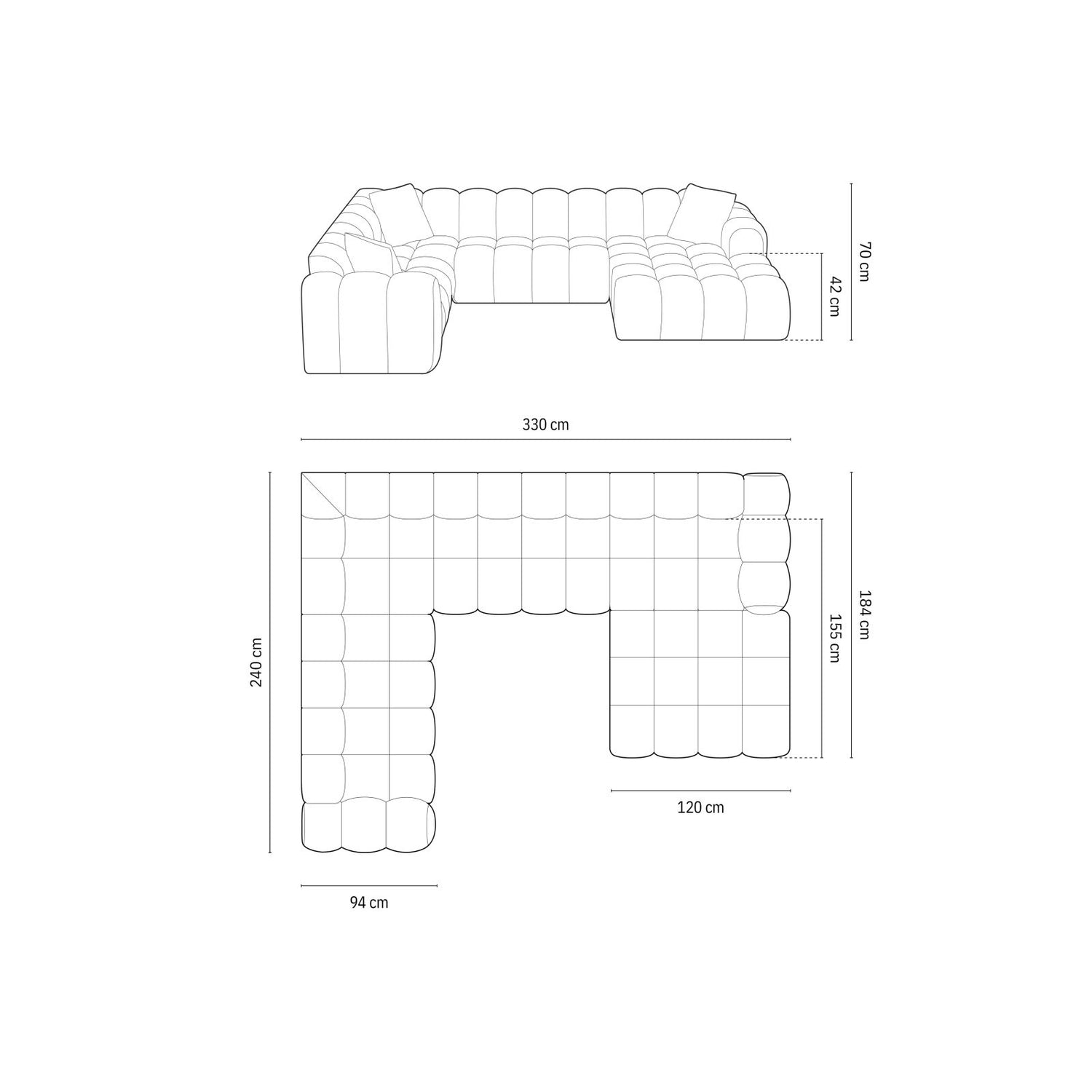 Treno 4-Sitzer Panorama Ecksofa, Linke Seite, aus Chenille in Hellgrau (Eden 18 Grey), Beine aus Schwarzes Plastik, 330x240x70 cm von Cosmopolitan Design – Bild 2