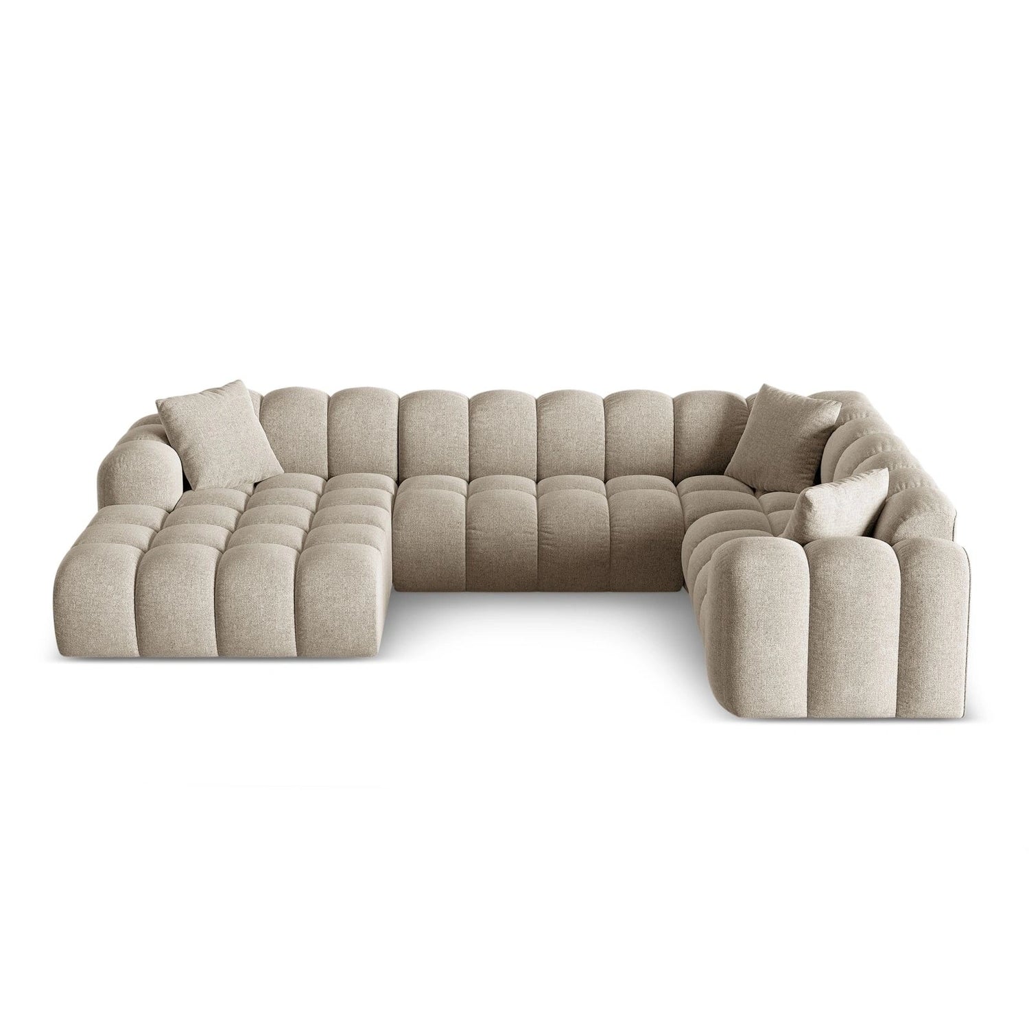 Treno 4-Sitzer Panorama Ecksofa, Rechte Seite, aus Chenille in Dunkelbeige (Eden 4 Beige), Beine aus Schwarzes Plastik, 330x240x70 cm von Cosmopolitan Design – Bild 1