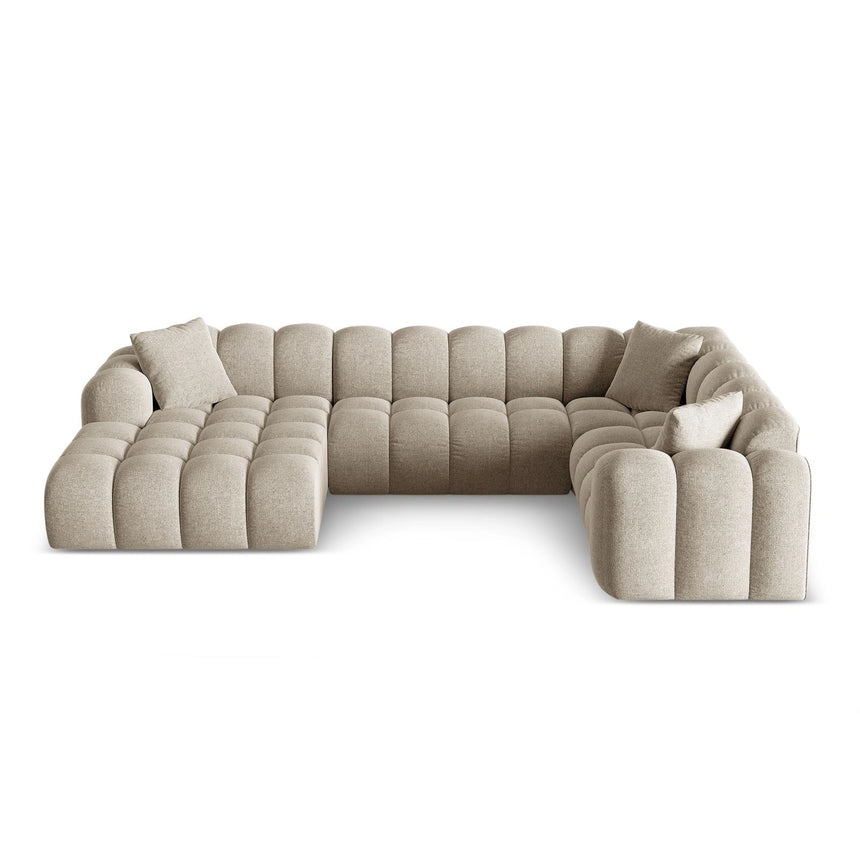Treno 4-Sitzer Panorama Ecksofa, Rechte Seite, aus Chenille in Dunkelbeige (Eden 4 Beige), Beine aus Schwarzes Plastik, 330x240x70 cm von Cosmopolitan Design – Bild 1