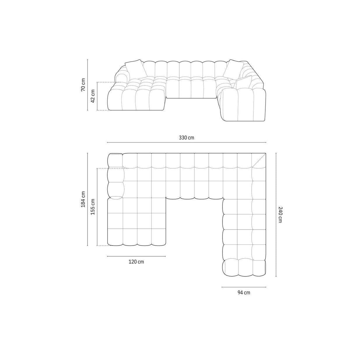 Treno 4-Sitzer Panorama Ecksofa, Rechte Seite, aus Samt in Dunkelbeige (Bluvel 30), Beine aus Schwarzes Plastik, 330x240x70 cm von Cosmopolitan Design – Bild 2