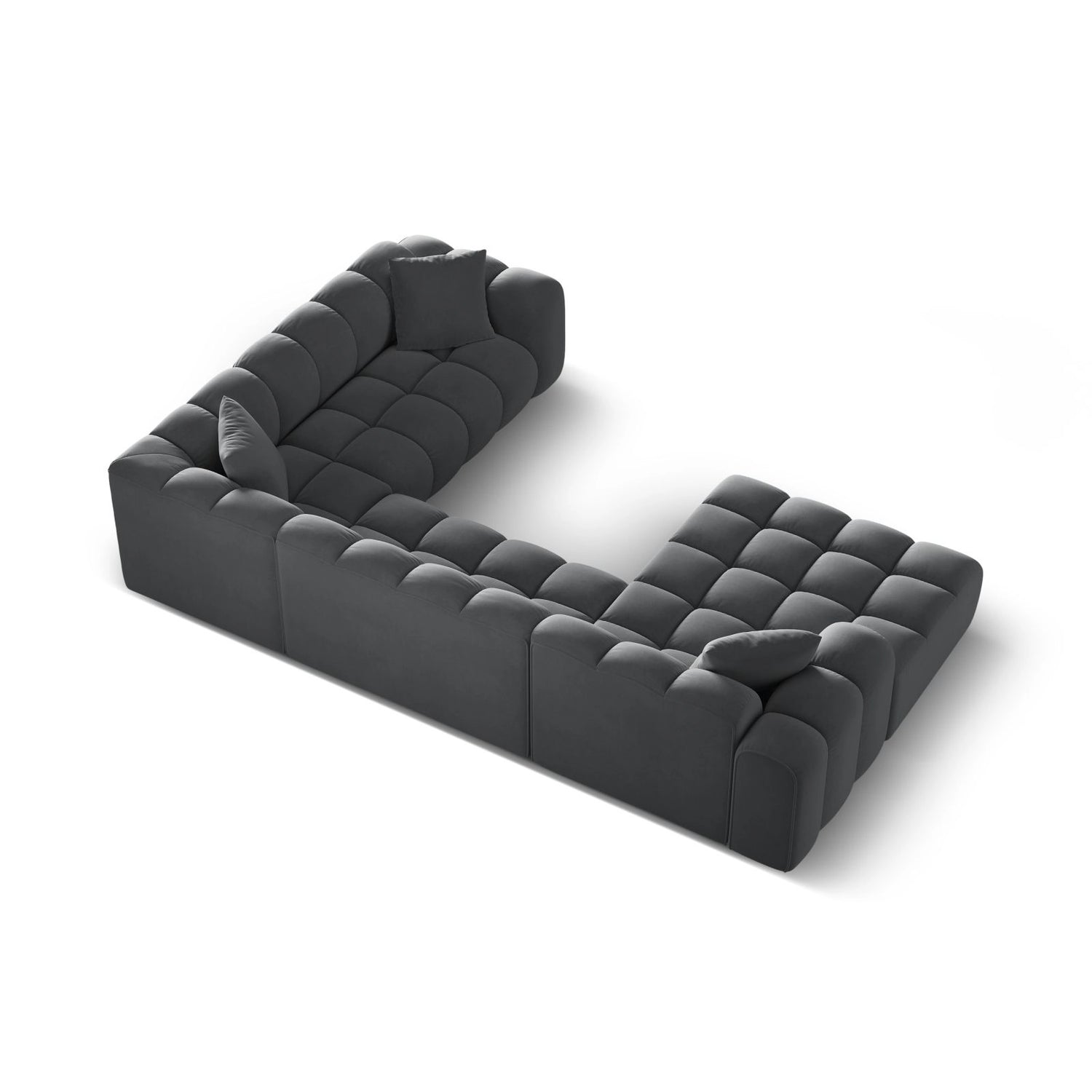 Treno 4-Sitzer Panorama Ecksofa, Rechte Seite, aus Samt in Grau (Bluvel 14), Beine aus Schwarzes Plastik, 330x240x70 cm von Cosmopolitan Design – Bild 5