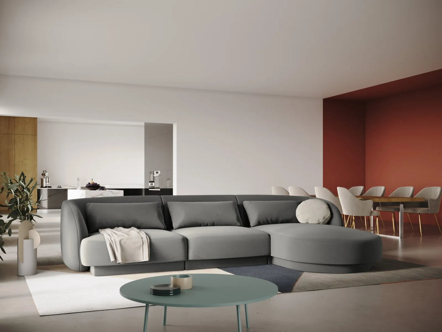 Tulum 4-Sitzer Ecksofa, Rechte Seite, aus Samt in Hellgrau (Bluvel 13), 255x156x70 cm von Cosmopolitan Design – Bild 2