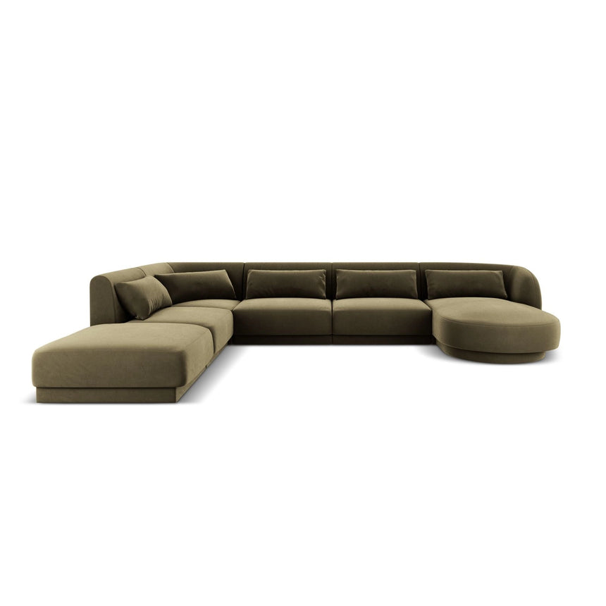 Tulum 6-Sitzer Panorama Ecksofa, Linke Seite, aus Samt in Grün (Bluvel 77), Beine aus Schwarzes Plastik, 330x255x70 cm von Cosmopolitan Design – Bild 1