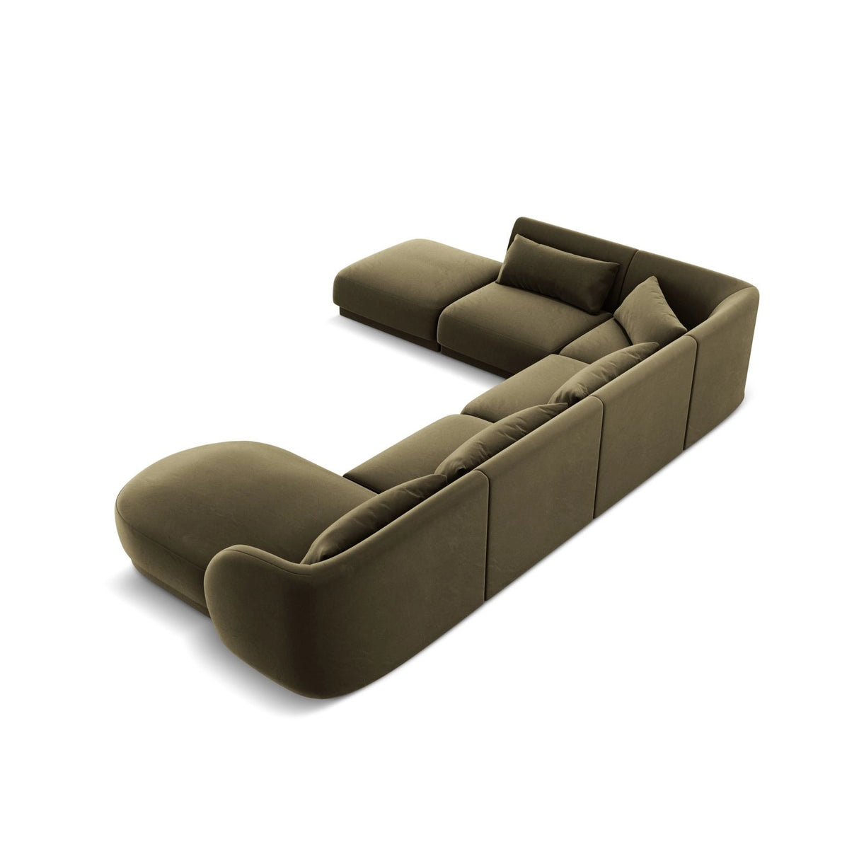Tulum 6-Sitzer Panorama Ecksofa, Linke Seite, aus Samt in Grün (Bluvel 77), Beine aus Schwarzes Plastik, 330x255x70 cm von Cosmopolitan Design – Bild 5