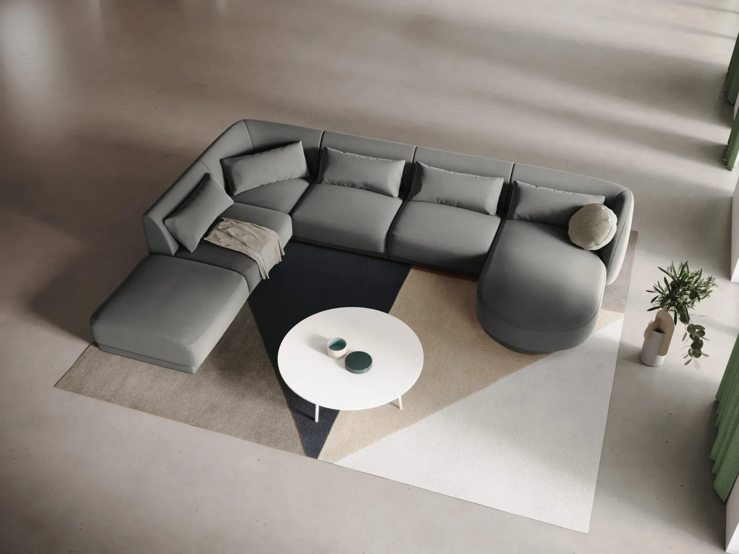 Tulum 6-Sitzer Panorama Ecksofa, Linke Seite, aus Samt in Hellgrau (Bluvel 13), Beine aus Schwarzes Plastik, 330x255x70 cm von Cosmopolitan Design – Bild 2