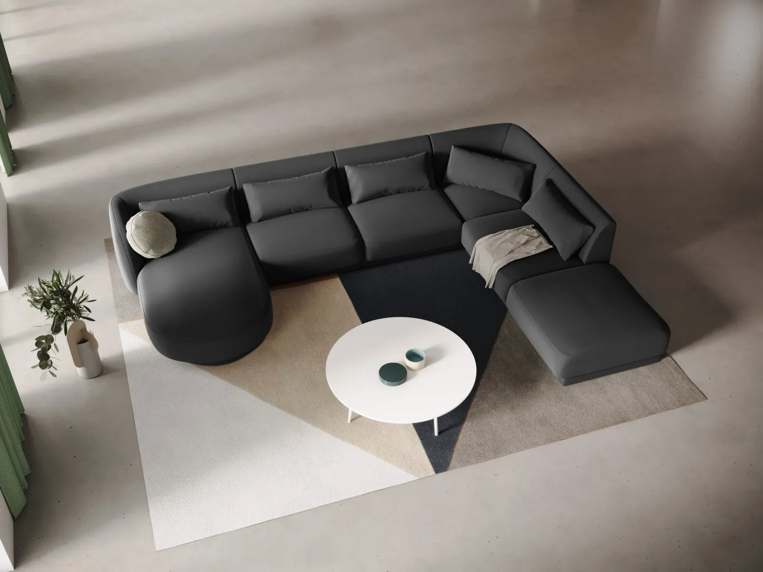 Tulum 6-Sitzer Panorama Ecksofa, Rechte Seite, aus Samt in Grau (Bluvel 14), Beine aus Schwarzes Plastik, 330x255x70 cm von Cosmopolitan Design – Bild 2