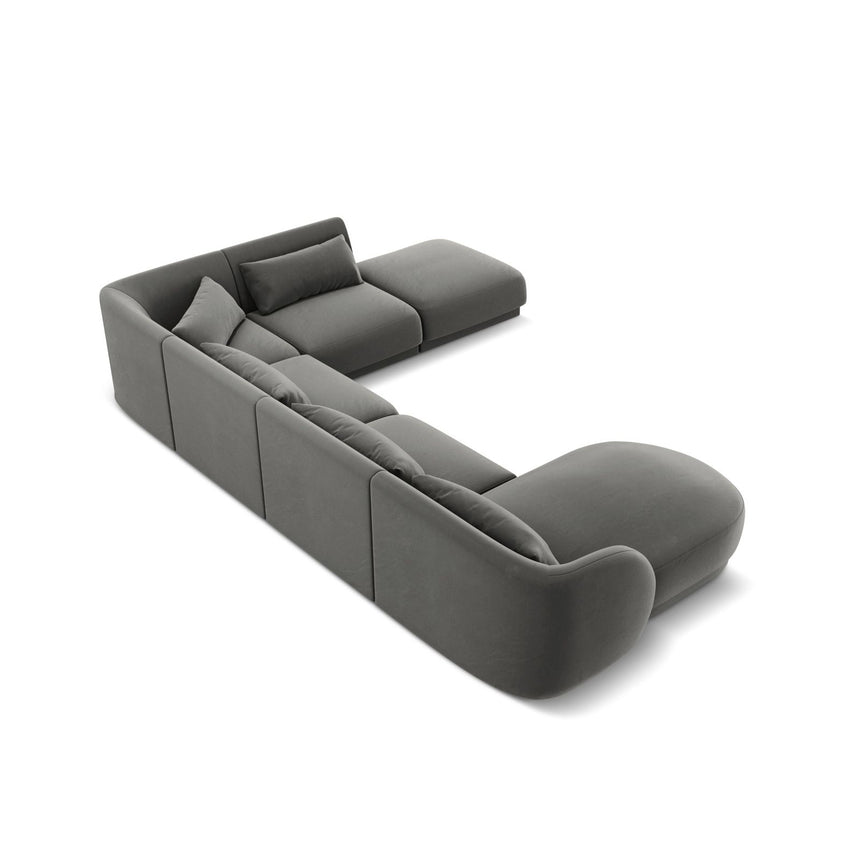 Tulum 6-Sitzer Panorama Ecksofa, Rechte Seite, aus Samt in Hellgrau (Bluvel 13), Beine aus Schwarzes Plastik, 330x255x70 cm von Cosmopolitan Design – Bild 5