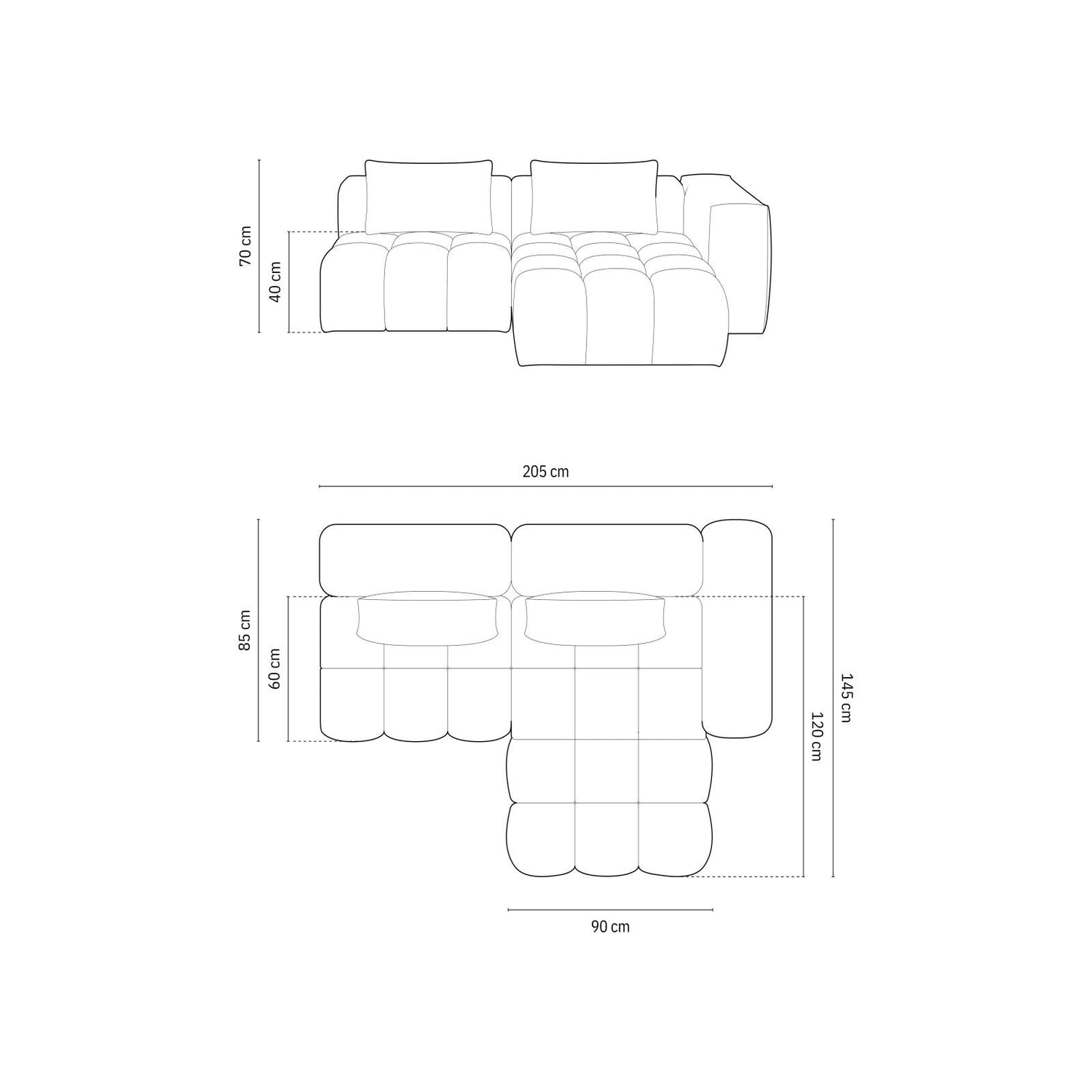 Verona Modulares 3-Sitzer Ecksofa, Rechte Seite, aus Samt oder Strukturstoff, 205x145 cm von Cosmopolitan Design – Bild 2