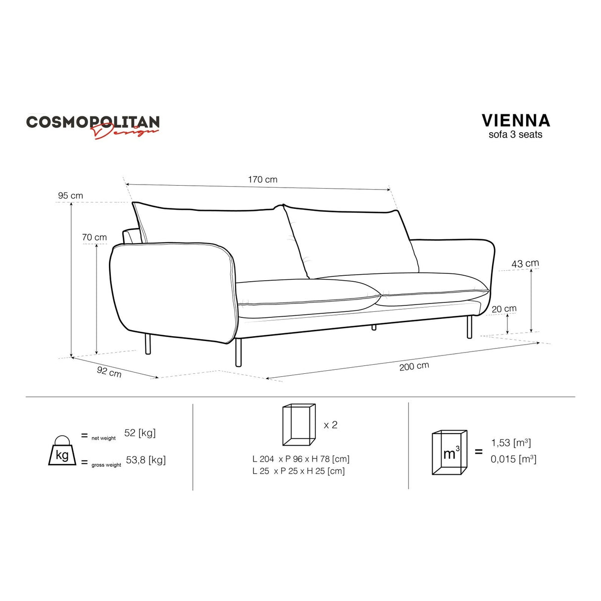 Vienna 3-Sitzer Sofa aus Samt in Flaschengrün (Bluvel 78), 200x92x95 cm von Cosmopolitan Design – Bild 3