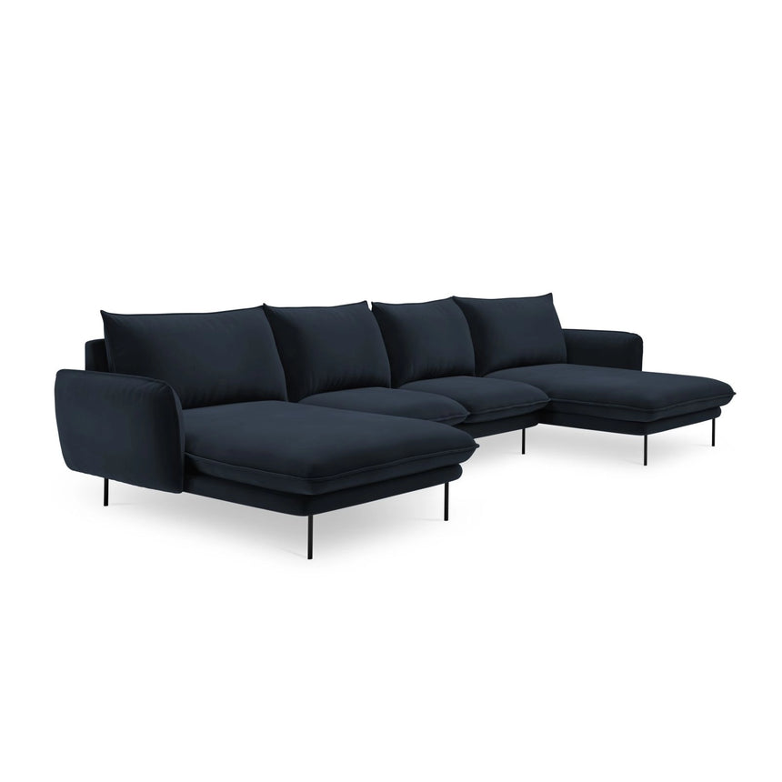 Vienna 6-Sitzer Panorama Sofa aus Samt in Dunkelblau (Bluvel 89), Beine in Schwarzes Metall, 350x170x95 cm von Cosmopolitan Design – Bild 4