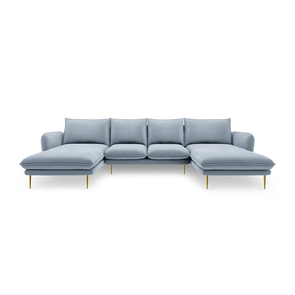 Vienna 6-Sitzer Panorama Sofa aus Samt in Hellblau (Bluvel 06), Beine in Goldmetall, 350x170x95 cm von Cosmopolitan Design – Bild 3