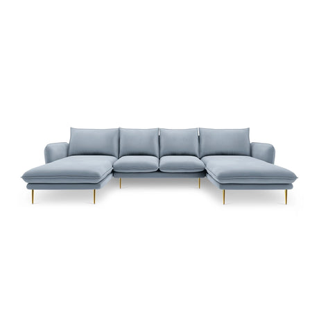 Vienna 6-Sitzer Panorama Sofa aus Samt in Hellblau (Bluvel 06), Beine in Goldmetall, 350x170x95 cm von Cosmopolitan Design – Bild 3