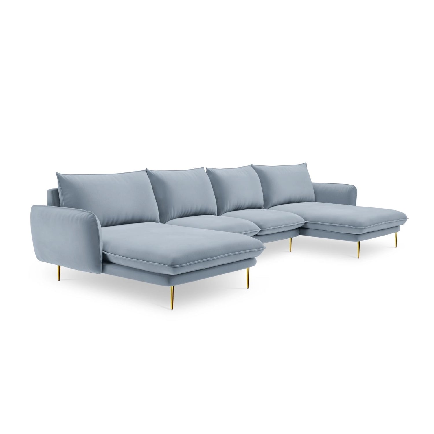 Vienna 6-Sitzer Panorama Sofa aus Samt in Hellblau (Bluvel 06), Beine in Goldmetall, 350x170x95 cm von Cosmopolitan Design – Bild 4