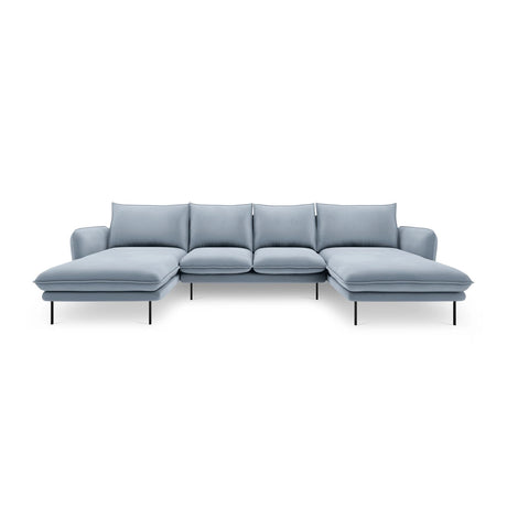 Vienna 6-Sitzer Panorama Sofa aus Samt in Hellblau (Bluvel 06), Beine in Schwarzes Metall, 350x170x95 cm von Cosmopolitan Design – Bild 3