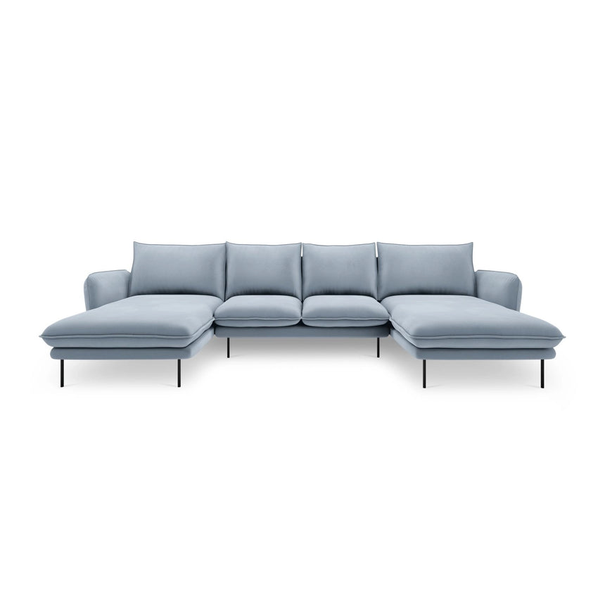 Vienna 6-Sitzer Panorama Sofa aus Samt in Hellblau (Bluvel 06), Beine in Schwarzes Metall, 350x170x95 cm von Cosmopolitan Design – Bild 3