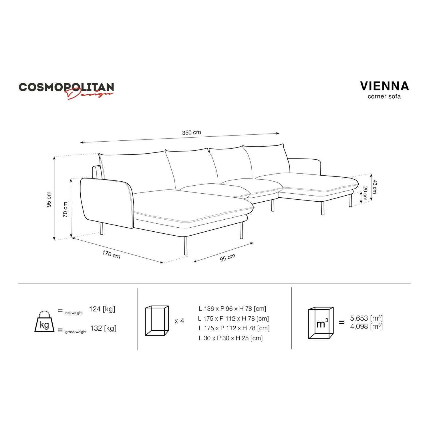 Vienna 6-Sitzer Panorama Sofa aus Samt in Hellgrau (Bluvel 13), Beine in Goldmetall, 350x170x95 cm von Cosmopolitan Design – Bild 2