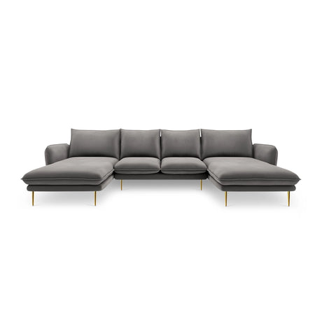 Vienna 6-Sitzer Panorama Sofa aus Samt in Hellgrau (Bluvel 13), Beine in Goldmetall, 350x170x95 cm von Cosmopolitan Design – Bild 3