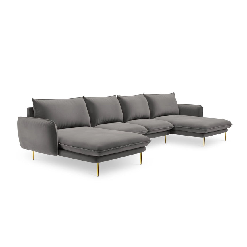 Vienna 6-Sitzer Panorama Sofa aus Samt in Hellgrau (Bluvel 13), Beine in Goldmetall, 350x170x95 cm von Cosmopolitan Design – Bild 4
