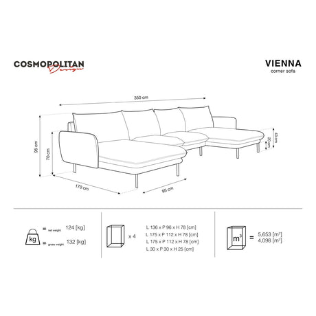Vienna 6-Sitzer Panorama Sofa aus Samt in Hellgrau (Bluvel 13), Beine in Schwarzes Metall, 350x170x95 cm von Cosmopolitan Design – Bild 2