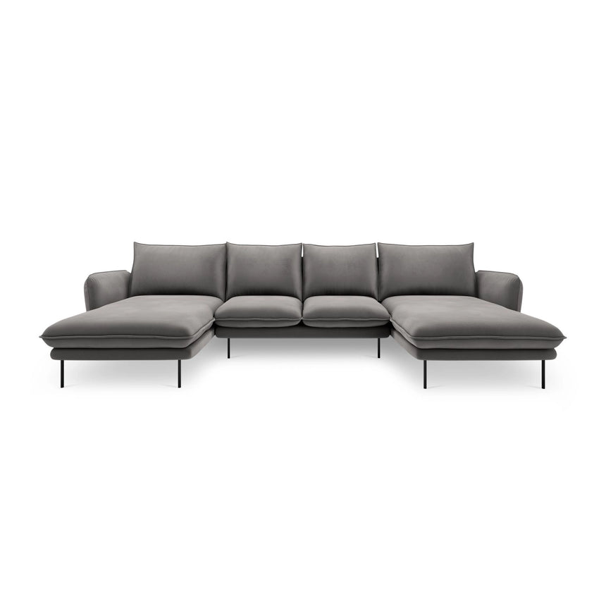 Vienna 6-Sitzer Panorama Sofa aus Samt in Hellgrau (Bluvel 13), Beine in Schwarzes Metall, 350x170x95 cm von Cosmopolitan Design – Bild 3