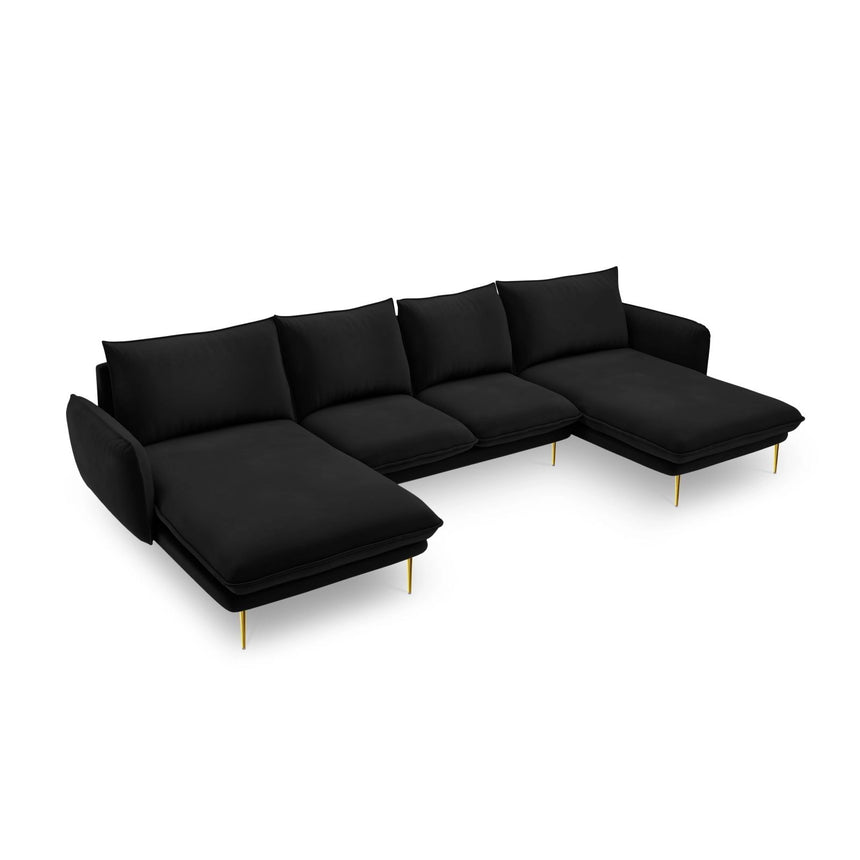 Vienna 6-Sitzer Panorama Sofa aus Samt in Schwarz (Bluvel 19), Beine in Goldmetall, 350x170x95 cm von Cosmopolitan Design – Bild 1