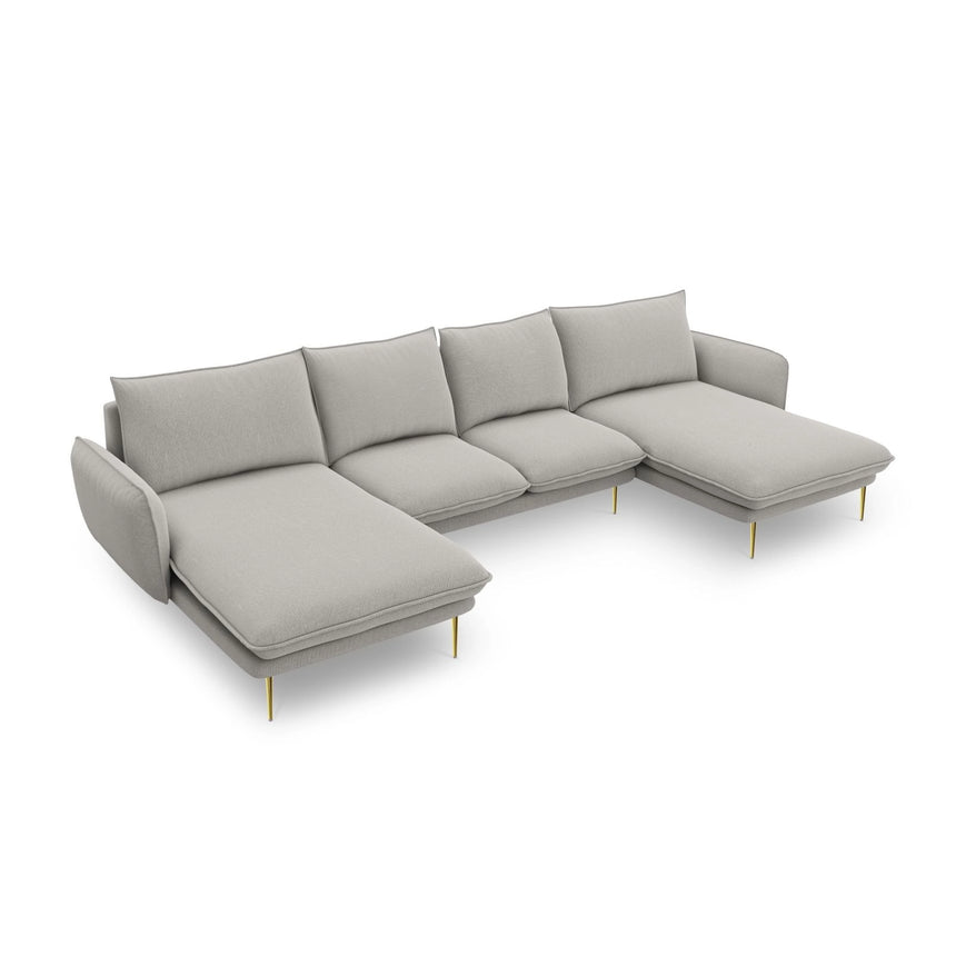 Vienna 6-Sitzer Panorama Sofa aus Strukturierter Stoff in Hellgrau (Asgard 27/ Positano 83), Beine in Goldmetall, 350x170x95 cm von Cosmopolitan Design – Bild 1