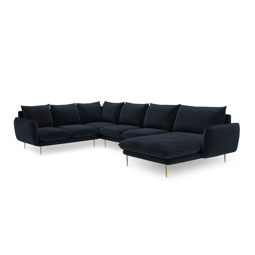 Vienna 7-Sitzer Panorama Ecksofa, Linke Seite, aus Samt in Dunkelblau (Bluvel 89), Beine aus Goldmetall, 330x235x95 cm von Cosmopolitan Design – Bild 4