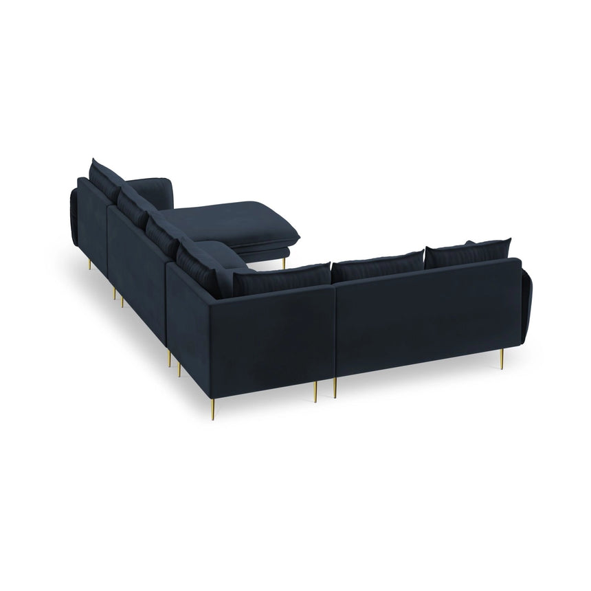 Vienna 7-Sitzer Panorama Ecksofa, Linke Seite, aus Samt in Dunkelblau (Bluvel 89), Beine aus Goldmetall, 330x235x95 cm von Cosmopolitan Design – Bild 5