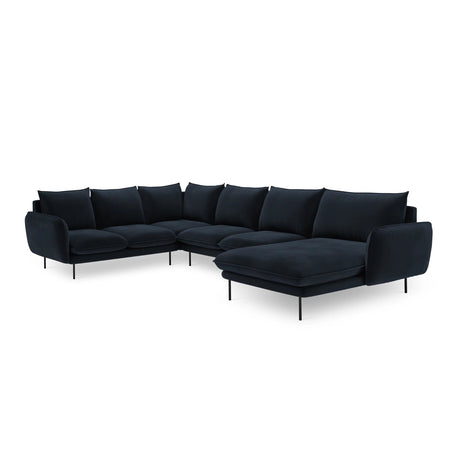 Vienna 7-Sitzer Panorama Ecksofa, Linke Seite, aus Samt in Dunkelblau (Bluvel 89), Beine aus Schwarzes Metall, 330x235x95 cm von Cosmopolitan Design – Bild 4