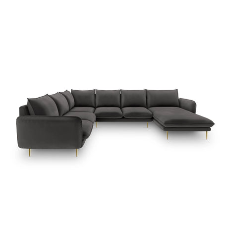 Vienna 7-Sitzer Panorama Ecksofa, Linke Seite, aus Samt in Dunkelgrau (Bluvel 18), Beine aus Goldmetall, 330x235x95 cm von Cosmopolitan Design – Bild 3