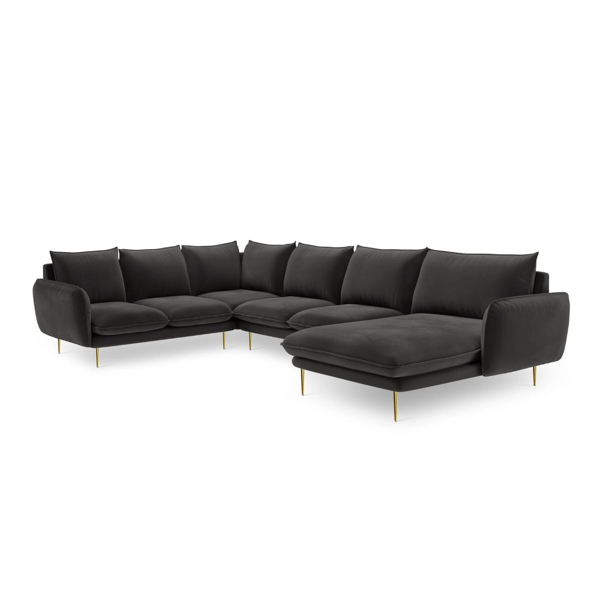 Vienna 7-Sitzer Panorama Ecksofa, Linke Seite, aus Samt in Dunkelgrau (Bluvel 18), Beine aus Goldmetall, 330x235x95 cm von Cosmopolitan Design – Bild 4