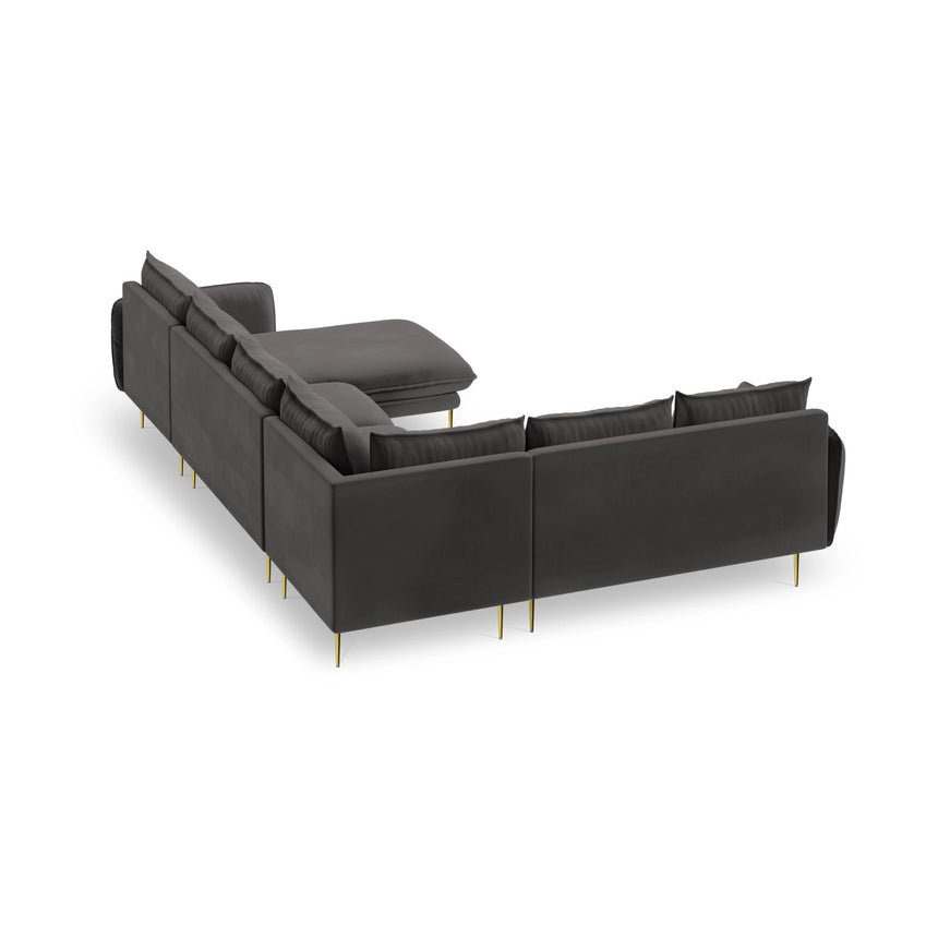 Vienna 7-Sitzer Panorama Ecksofa, Linke Seite, aus Samt in Dunkelgrau (Bluvel 18), Beine aus Goldmetall, 330x235x95 cm von Cosmopolitan Design – Bild 5