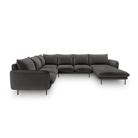 Vienna 7-Sitzer Panorama Ecksofa, Linke Seite, aus Samt in Dunkelgrau (Bluvel 18), Beine aus Schwarzes Metall, 330x235x95 cm von Cosmopolitan Design – Bild 3