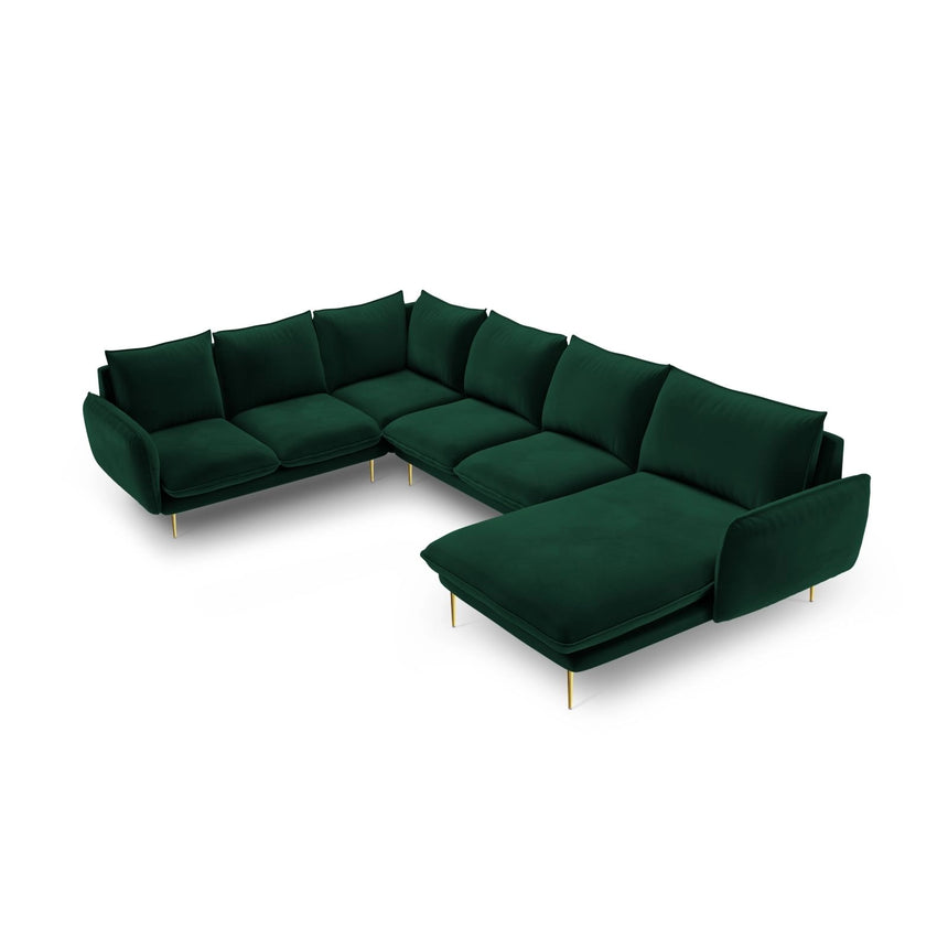 Vienna 7-Sitzer Panorama Ecksofa, Linke Seite, aus Samt in Flaschengrün (Bluvel 78), Beine aus Goldmetall, 330x235x95 cm von Cosmopolitan Design – Bild 1