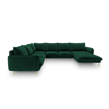 Vienna 7-Sitzer Panorama Ecksofa, Linke Seite, aus Samt in Flaschengrün (Bluvel 78), Beine aus Goldmetall, 330x235x95 cm von Cosmopolitan Design – Bild 3