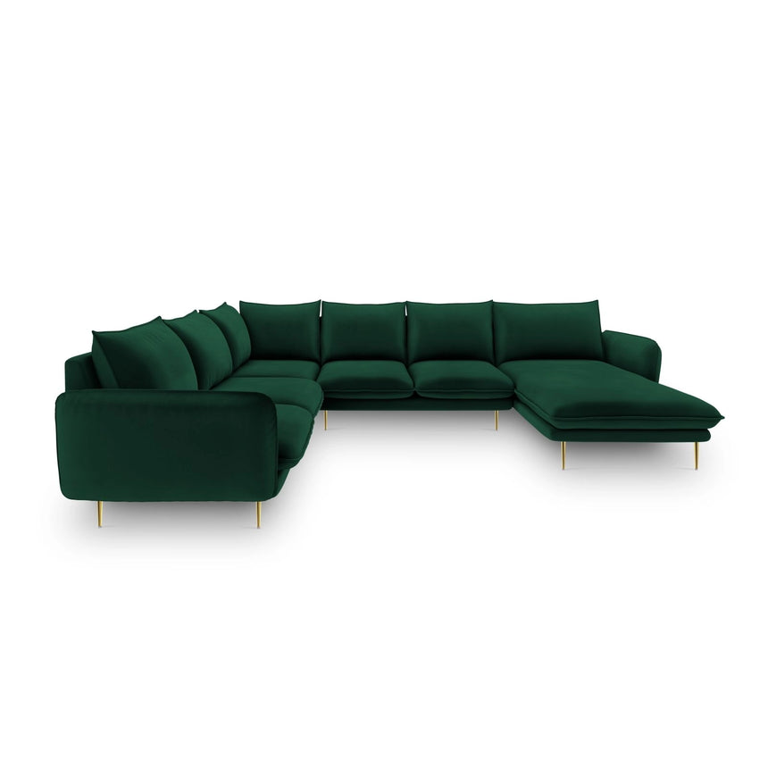 Vienna 7-Sitzer Panorama Ecksofa, Linke Seite, aus Samt in Flaschengrün (Bluvel 78), Beine aus Goldmetall, 330x235x95 cm von Cosmopolitan Design – Bild 3